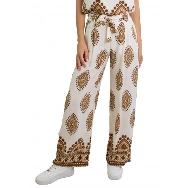 Pantalone  palazzo in viscosa con fascia fantasia 